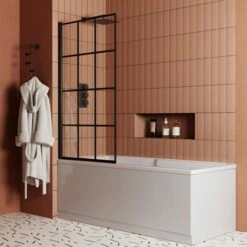 Drench Keyhole Shower Bath & Shower Screen -Drench Store drench keyhole shower bath 1700 black grid screen lifestyle 2