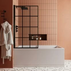 Drench Keyhole Shower Bath & Shower Screen -Drench Store drench keyhole shower bath 1700 black grid screen lifestyle