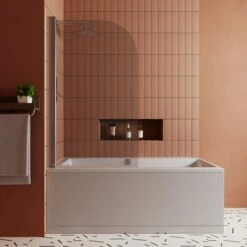 Drench Keyhole Shower Bath & Shower Screen -Drench Store drench keyhole shower bath 1700 chrome curved screen lifestyle