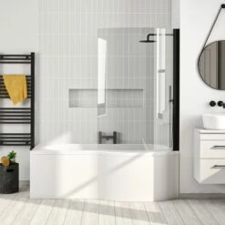 Drench Curved Matt Black Hinged P-Bath Screen - 1433 X 715mm 9 Drench Curved Matt Black Hinged P-Bath Screen - 1433 X 715mm -Drench Store drench matt black p shape bath screen lifestyle