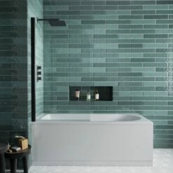 Drench Straight Single Ended Curved Bath & Shower Screen -Drench Store drench straight se curved bath 1700x700 black curved screen lifestyle