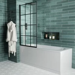 Drench Straight Single Ended Curved Bath & Shower Screen -Drench Store drench straight se curved bath 1700x700 black grid screen lifestyle 2