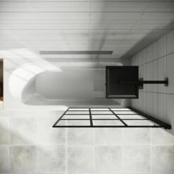 Drench Straight Single Ended Curved Bath & Matt Black Shower Screen 14 Drench Straight Single Ended Curved Bath & Matt Black Shower Screen -Drench Store drench straight se curved shower bath black grid screen top view