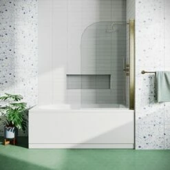 Drench Straight Single Ended Curved Bath & Brushed Brass Shower Screen -Drench Store drench straight se curved shower bath brushed brass curved screen lifestyle