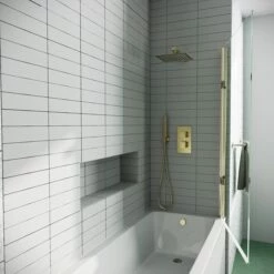 Drench Straight Single Ended Curved Bath & Brushed Brass Shower Screen -Drench Store drench straight se curved shower bath brushed brass square screen detail