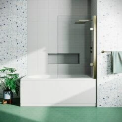 Drench Straight Single Ended Curved Bath & Brushed Brass Shower Screen