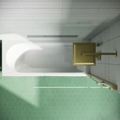Drench Straight Single Ended Curved Bath & Brushed Brass Shower Screen -Drench Store drench straight se curved shower bath brushed brass square screen top view