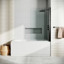 Drench Straight Single Ended Curved Bath & Matt Black Shower Screen 16 Drench Straight Single Ended Curved Bath & Matt Black Shower Screen -Drench Store drench straight se curved shower bath smoked glass screen lifestyle