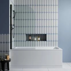 Drench Straight Single Ended Square Bath & Shower Screen -Drench Store drench straight se square bath 1700x700 black curved screen lifestyle