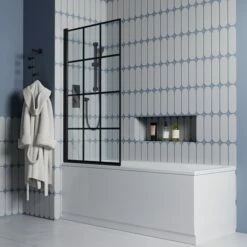 Drench Straight Single Ended Square Bath & Shower Screen -Drench Store drench straight se square bath 1700x700 black grid screen lifestyle 2