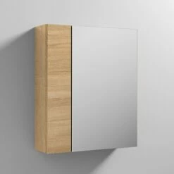 Emily 600mm Mirror Cabinet With Offset Door -Drench Store emily 600 offset mirrored cabinet natural oak lifestyle