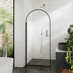 Harbour Contour Arched Matt Black 8mm Glass Screen For Wetrooms & Walk In Showers -Drench Store harbour arched m black shower panel 900 lifestyle1