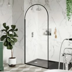 Harbour Contour Arched Matt Black 8mm Glass Screen For Wetrooms & Walk In Showers -Drench Store harbour arched m black shower panel 900 lifestyle2
