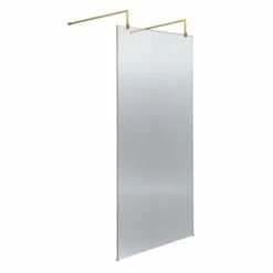 Harbour Contour Fluted Brushed Brass Freestanding Walk In Panel & Two Support Arms -Drench Store harbour fluted b brass freestanding screen 900 cutout