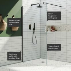 Harbour I10 10mm Easy Clean 2m Tall Wetroom Panel - Matt Black -Drench Store harbour i10 shower panel black feature call outs