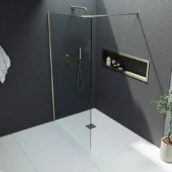 Harbour I10 10mm Easy Clean 2m Tall Wetroom Panel - Brushed Brass -Drench Store harbour i10 shower panel brass top