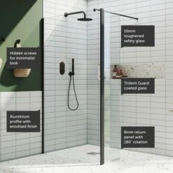 Harbour I10 10mm Easy Clean 2m Tall Wetroom Panel & Hinged Return Panel - Matt Black 13 Harbour I10 10mm Easy Clean 2m Tall Wetroom Panel & Hinged Return Panel - Matt Black -Drench Store harbour i10 shower panel with return black feature call outs