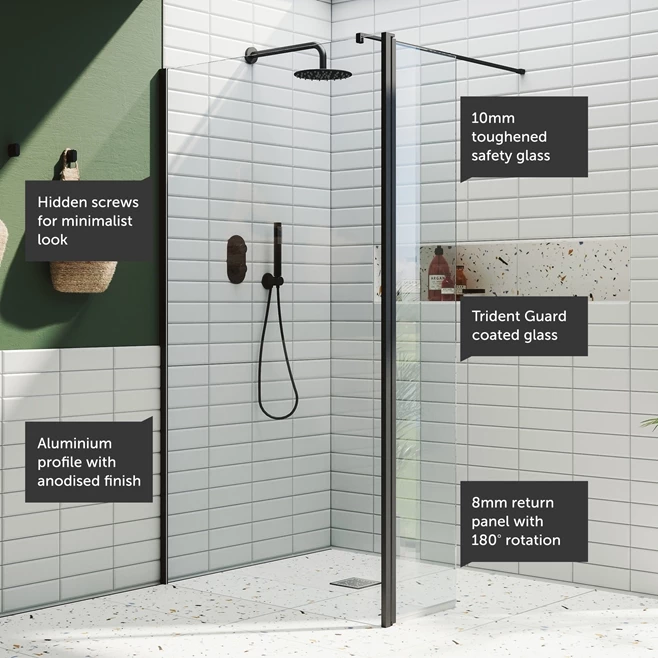Harbour I10 10mm Easy Clean 2m Tall Wetroom Panel & Hinged Return Panel - Matt Black 7 Harbour I10 10mm Easy Clean 2m Tall Wetroom Panel & Hinged Return Panel - Matt Black - Image 5