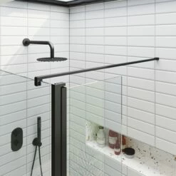 Harbour I10 10mm Easy Clean 2m Tall Wetroom Panel & Hinged Return Panel - Matt Black 12 Harbour I10 10mm Easy Clean 2m Tall Wetroom Panel & Hinged Return Panel - Matt Black -Drench Store harbour i10 shower panel with return panel black detail
