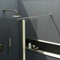 Harbour I10 10mm Easy Clean 2m Tall Wetroom Panel & Hinged Return Panel - Brushed Brass -Drench Store harbour i10 shower panel with return panel brass detail