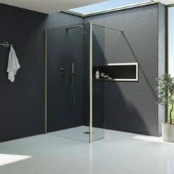 Harbour I10 10mm Easy Clean 2m Tall Wetroom Panel & Hinged Return Panel - Brushed Brass -Drench Store harbour i10 shower panel with return panel brass room set