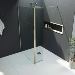 Harbour I10 10mm Easy Clean 2m Tall Wetroom Panel & Hinged Return Panel - Brushed Brass -Drench Store harbour i10 shower panel with return panel brass top