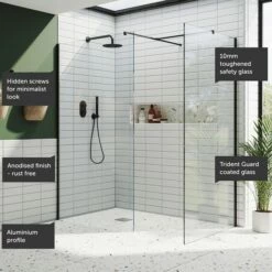Harbour I10 10mm Easy Clean 2m Tall Wetroom 2 Panel Pack - Matt Black -Drench Store harbour i10 shower two panel enclosure black feature call outs v2