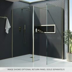 Harbour I10 10mm Easy Clean 2m Tall Wetroom 2 Panel Pack - Brushed Brass -Drench Store harbour i10 shower two panels with return brass banner