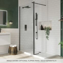 Harbour I8 Matt Black Framed Easy Clean 8mm 2 Panel Walk In Shower Enclosure -Drench Store harbour i8 matt black wetroom flipper banner 1