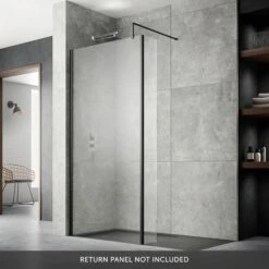 Vellamo City 8mm Matt Black Easy Clean Walk In Shower Panel -Drench Store harbour status 8mm matt black wetroom screen lifestyle overlay