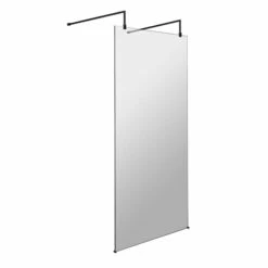 Vellamo City 8mm Matt Black Easy Clean Freestanding Walk In Panel & Two Support Arms -Drench Store harbour status 8mm matt black wetroom screen two support arms 900mm 1000mm 1100mm cutout