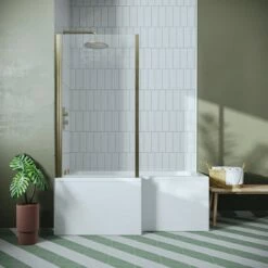 Drench L Shaped Shower Bath With Brushed Brass Shower Screen & Panel - 1500mm -Drench Store l shaped shower bath brushed brass shower screen panel 1500l 1