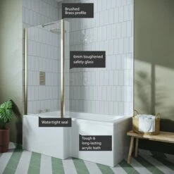 Drench L Shaped Shower Bath With Brushed Brass Shower Screen & Panel - 1500mm -Drench Store l shaped shower bath brushed brass shower screen panel 1500l callouts