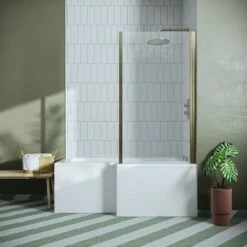 Drench L Shaped Shower Bath With Brushed Brass Shower Screen & Panel - 1500mm -Drench Store l shaped shower bath brushed brass shower screen panel 1500r 1