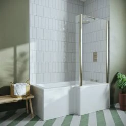 Drench L Shaped Shower Bath With Brushed Brass Shower Screen & Panel - 1500mm -Drench Store l shaped shower bath brushed brass shower screen panel 1500r 2