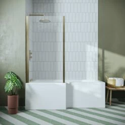 Drench L Shaped Shower Bath With Brushed Brass Shower Screen & Panel - 1700mm -Drench Store l shaped shower bath brushed brass shower screen panel 1700l 1