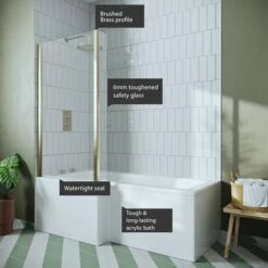 Drench L Shaped Shower Bath With Brushed Brass Shower Screen & Panel - 1700mm -Drench Store l shaped shower bath brushed brass shower screen panel 1700l callouts