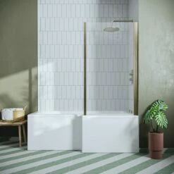 Drench L Shaped Shower Bath With Brushed Brass Shower Screen & Panel - 1700mm -Drench Store l shaped shower bath brushed brass shower screen panel 1700r 1