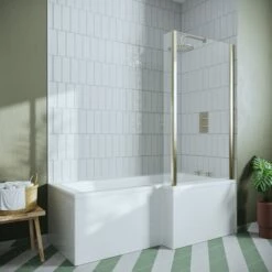 Drench L Shaped Shower Bath With Brushed Brass Shower Screen & Panel - 1700mm -Drench Store l shaped shower bath brushed brass shower screen panel 1700r 2