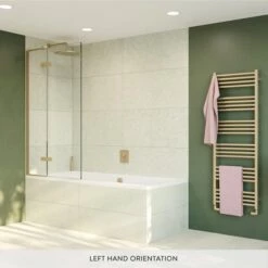 Crosswater Optix 10 Hinged Bath Screen With Inline Panel - Brushed Brass - 1500 X 900mm -Drench Store optix 10 bath screen bb banner lh lifestyle1