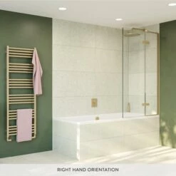 Crosswater Optix 10 Hinged Bath Screen With Inline Panel - Brushed Brass - 1500 X 900mm -Drench Store optix 10 bath screen bb banner rh lifestyle1