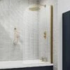 Vellamo Brushed Brass Curved Corner Single Hinged Bath Screen - 1435 X 775mm -Drench Store vellamo brushed bath curved bath screen 1