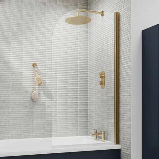 Vellamo Brushed Brass Curved Corner Single Hinged Bath Screen - 1435 X 775mm 5 Vellamo Brushed Brass Curved Corner Single Hinged Bath Screen - 1435 X 775mm -Drench Store vellamo brushed bath curved bath screen 1