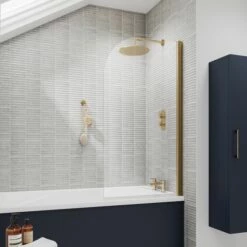 Vellamo Brushed Brass Curved Corner Single Hinged Bath Screen - 1435 X 775mm -Drench Store vellamo brushed bath curved bath screen