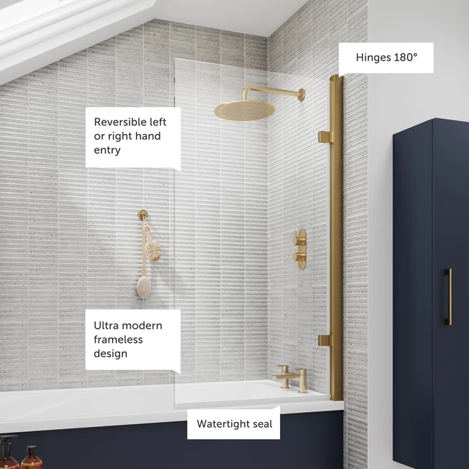 Vellamo Brushed Brass 8mm Glass Hinged Square Bath Screen - 1520 X 815mm 4 Vellamo Brushed Brass 8mm Glass Hinged Square Bath Screen - 1520 X 815mm - Image 2