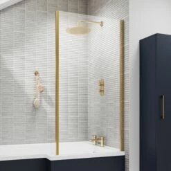 Vellamo Brushed Brass L-Shaped Bath Screen With Fixed Return - 1435 X 800mm