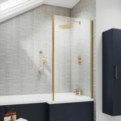 Vellamo Brushed Brass L-Shaped Bath Screen With Fixed Return - 1435 X 800mm -Drench Store vellamo brushed brass l shaped bath screen