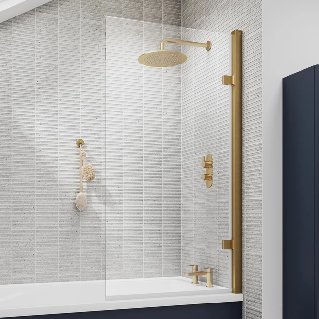 Vellamo Brushed Brass 8mm Glass Hinged Square Bath Screen - 1520 X 815mm 3 Vellamo Brushed Brass 8mm Glass Hinged Square Bath Screen - 1520 X 815mm