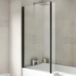 Vellamo City 6mm Matt Black Square Corner Hinged Bath Screen With Fixed Return - 1430 X 808mm